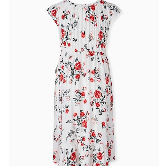 WHITE & RED FLORAL CHALLIS DRAWSTRING MIDI DRESS - Picture 2 of 6